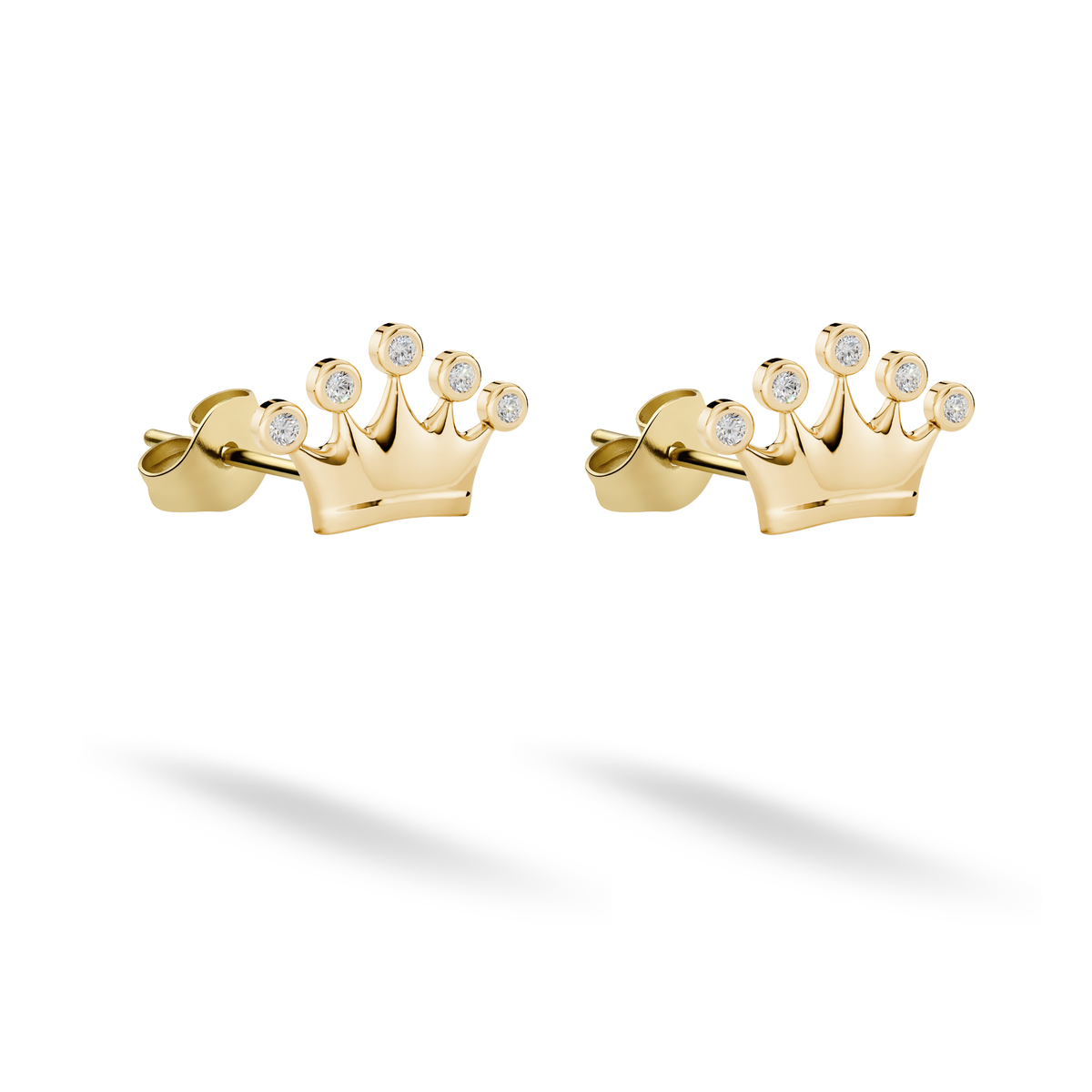 Stone Crown stud earrings in 14K yellow gold sparkle with five clear accents above a polished band