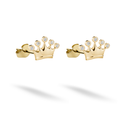 Stone Crown stud earrings in 14K yellow gold sparkle with five clear accents above a polished band