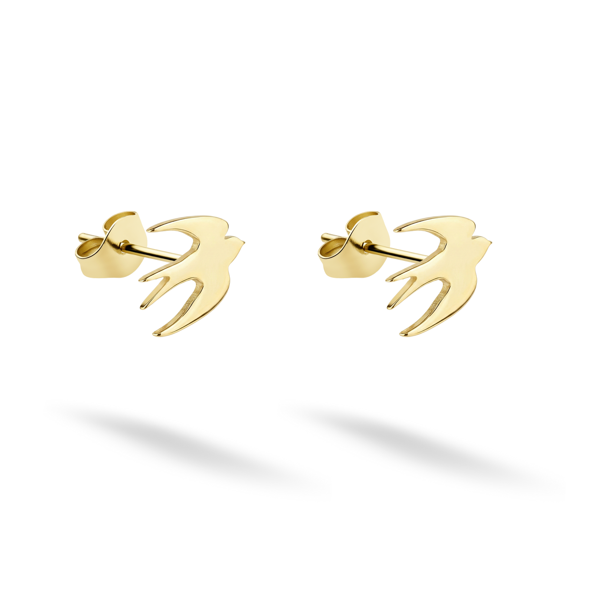 Swallow bird stud earrings in luminous 14K yellow gold with wings spread in flight