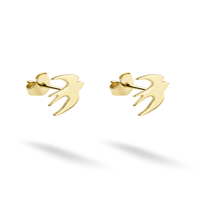 Swallow bird stud earrings in luminous 14K yellow gold with wings spread in flight