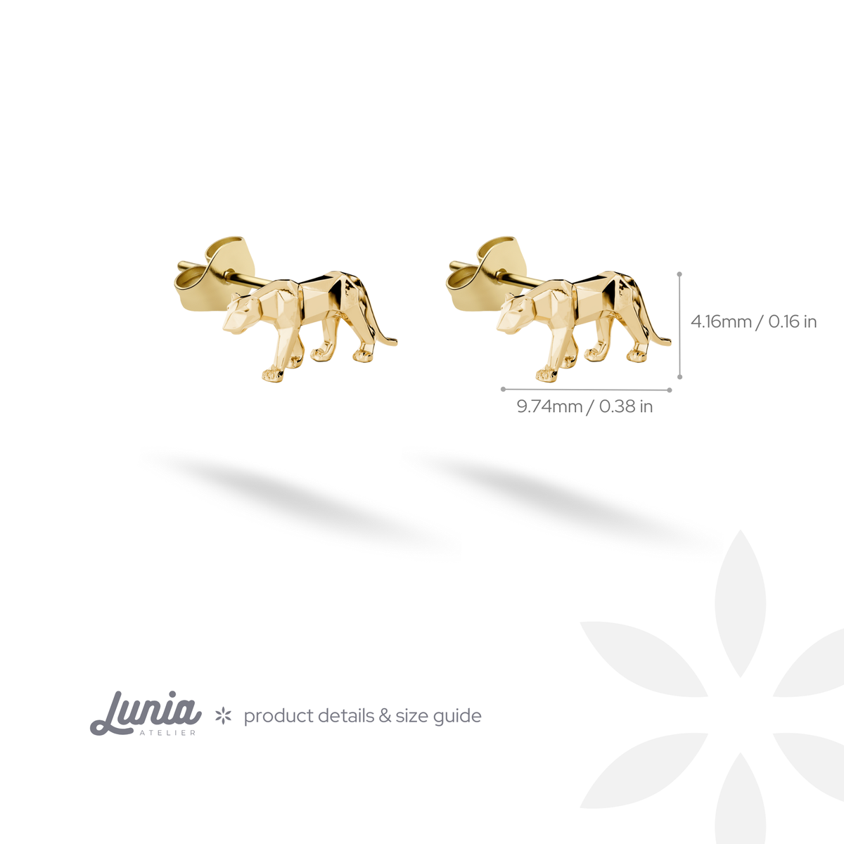 Faceted panther silhouette spans 9.74 mm from head to tail and stands 4.16 mm high