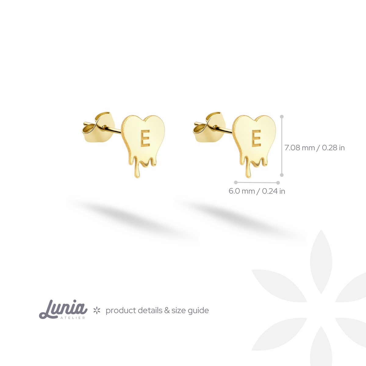 Melted heart initial earring measurement chart with width and height