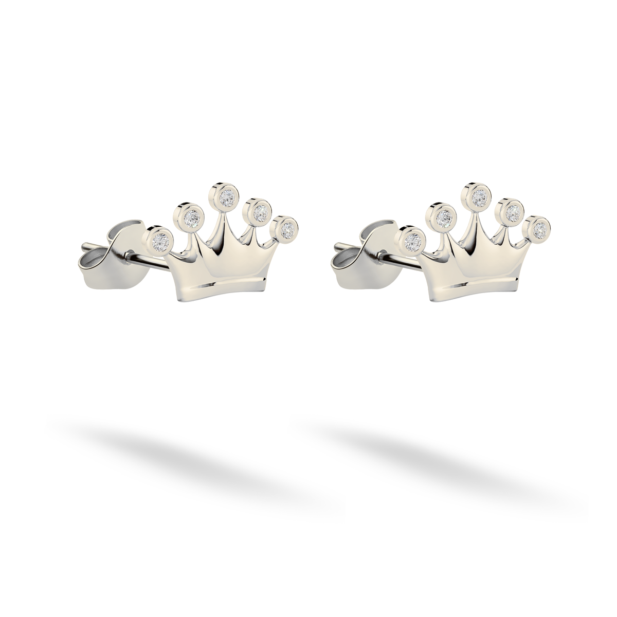 White gold crown studs present bright clear stones along their pointed upper edge