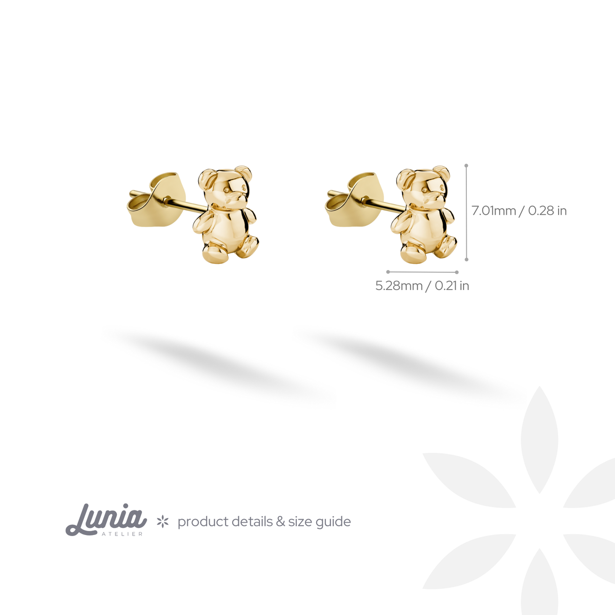 Seated bear measurements read 5.28 mm wide and 7.01 mm high on the product guide