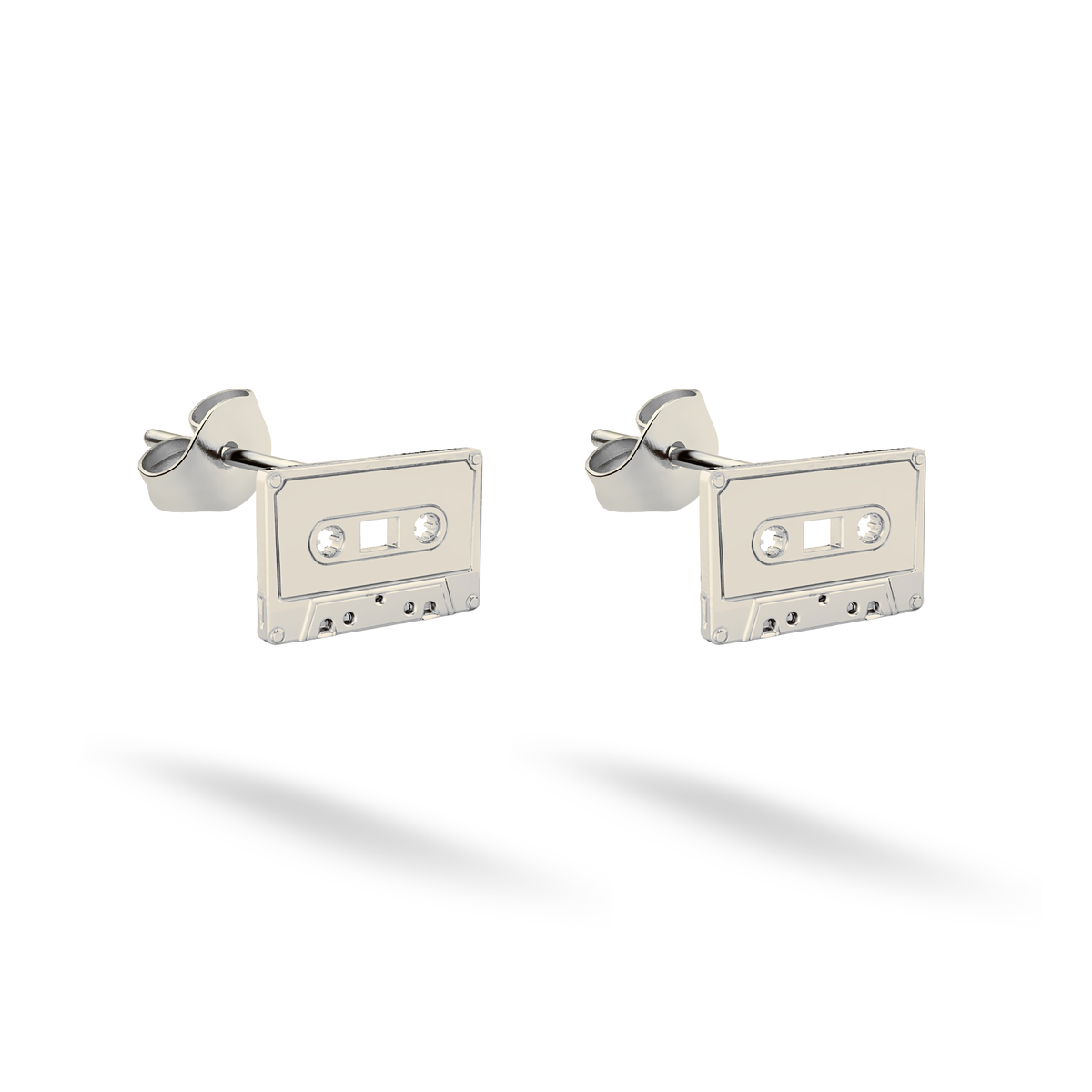 White gold gives the vintage audio cassette pair a clean monochrome appearance