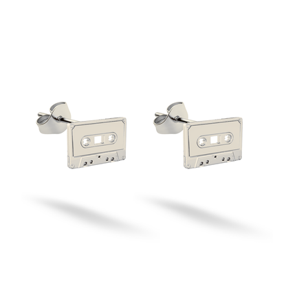 White gold gives the vintage audio cassette pair a clean monochrome appearance