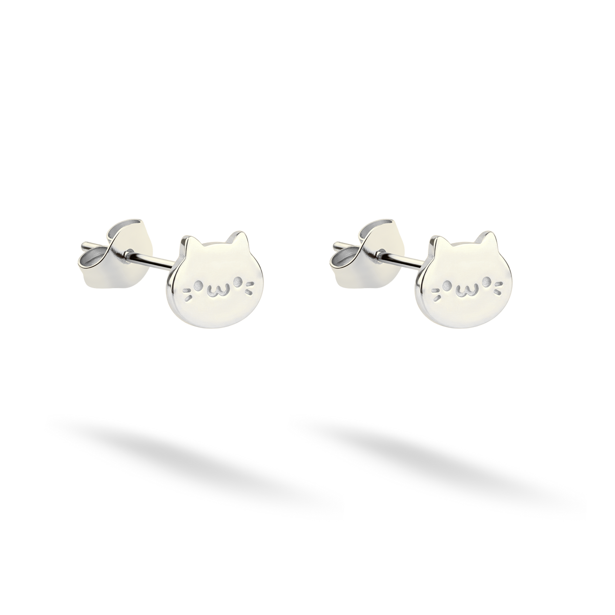 Pointed-ear kitten studs shown as a pair in cool-toned 14K white gold
