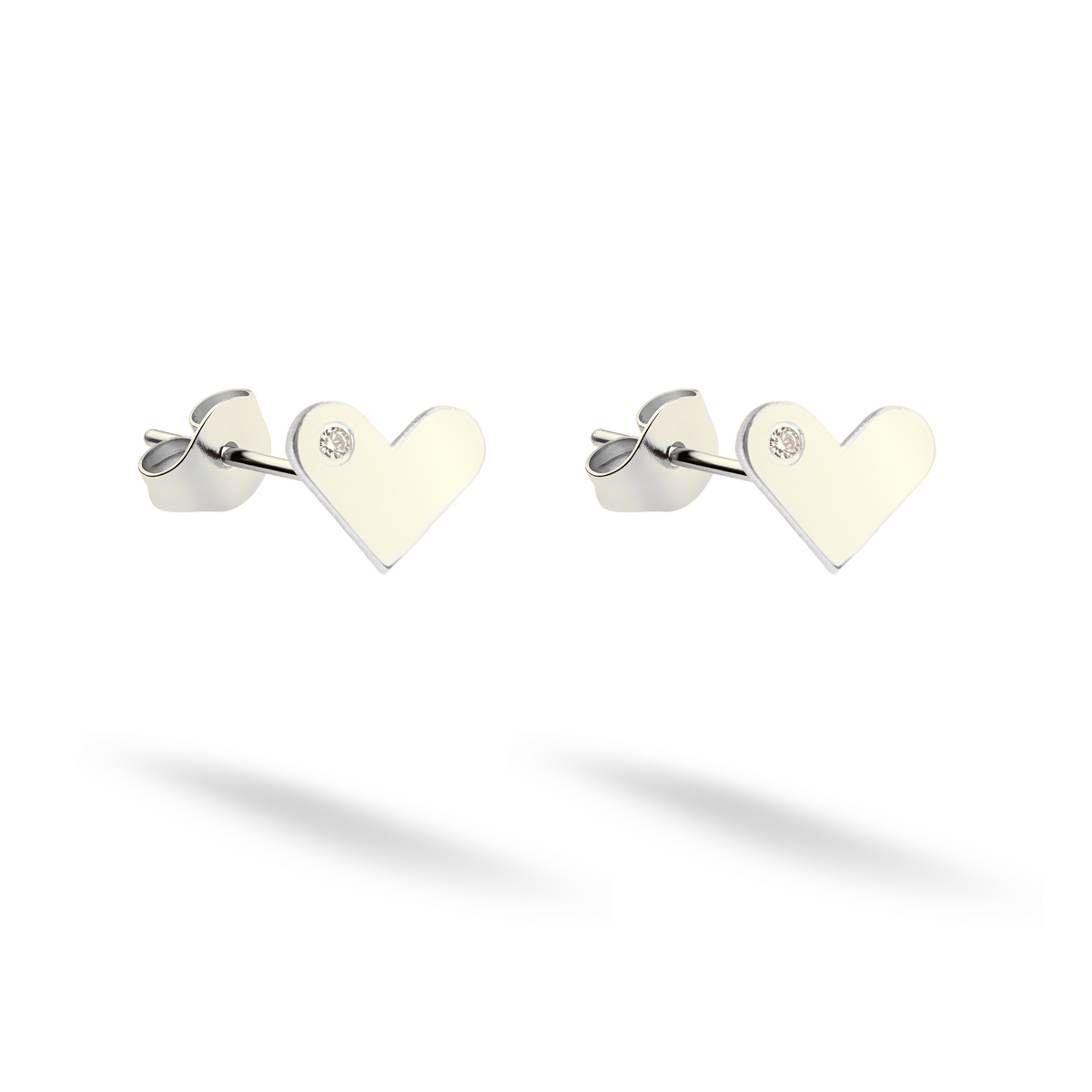 Bright 14K white gold heart studs featuring a petite brilliant stone