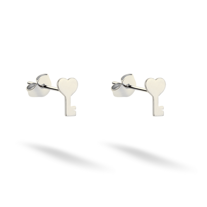 Heart-topped key studs displayed as a pair in crisp 14K white gold