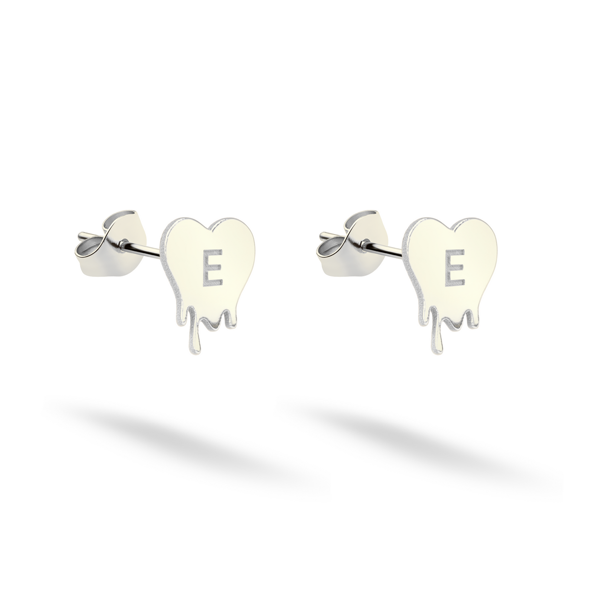 Personalized fluid heart studs displayed in bright 14K white gold