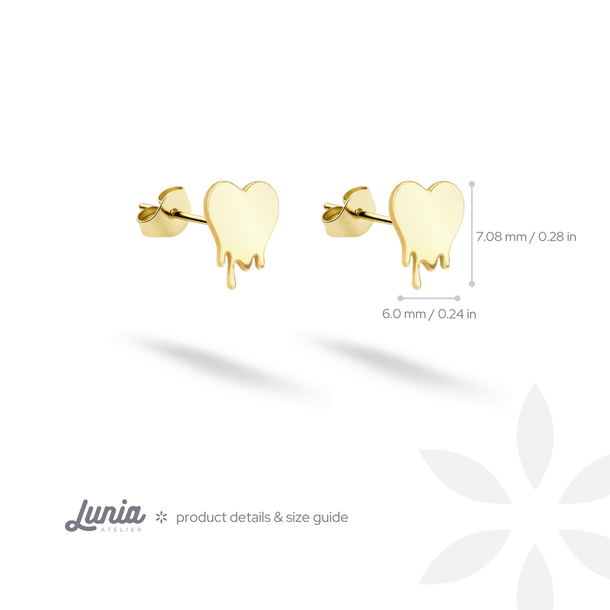 Size guide for melted heart stud earrings with width and height measurements