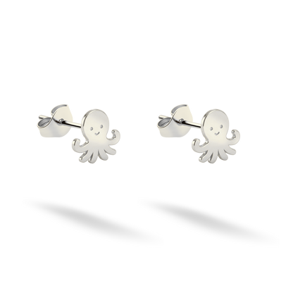 Nautical octopus studs shown in mirror-bright 14K white gold