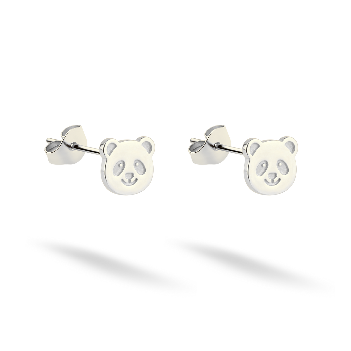 Panda face studs presented in bright 14K white gold on a dark studio background