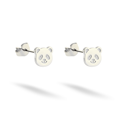 Panda face studs presented in bright 14K white gold on a dark studio background