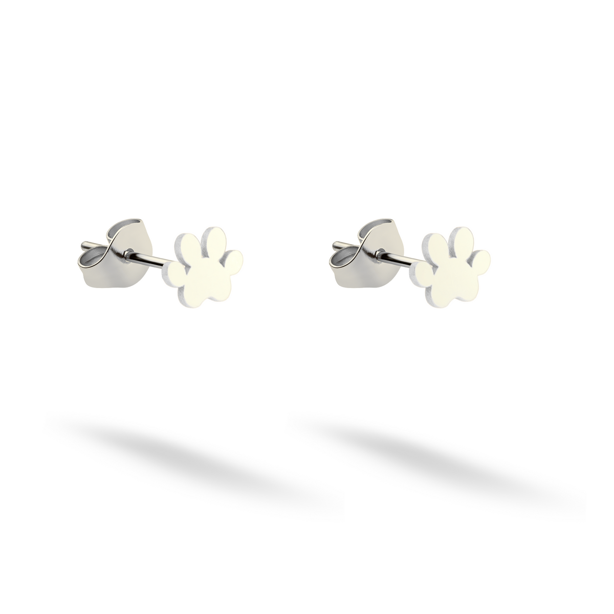 Small paw-shaped studs crafted in crisp 14K white gold on a light background