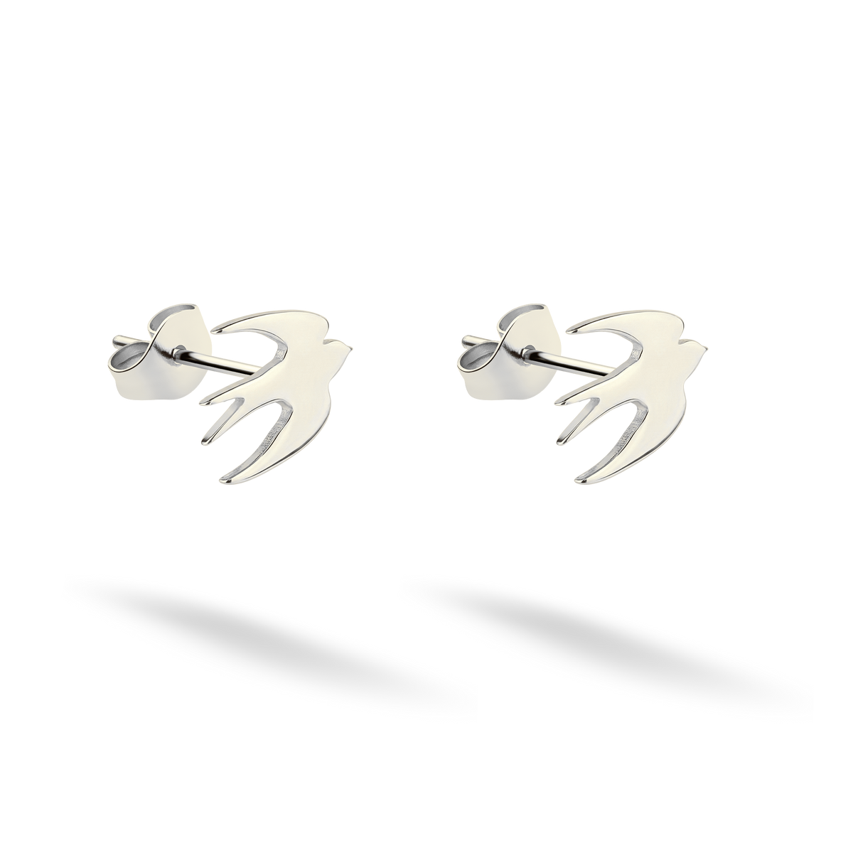 Sleek 14K white gold swallow earrings displayed with their pointed wings visible