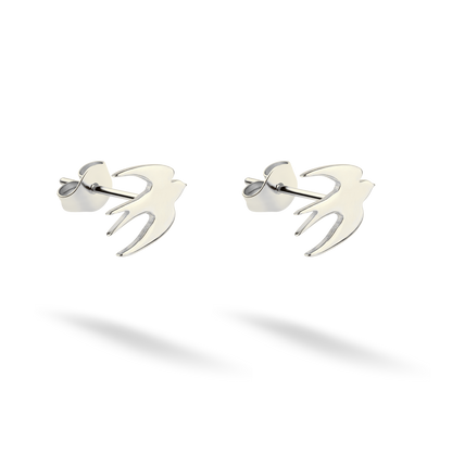 Sleek 14K white gold swallow earrings displayed with their pointed wings visible