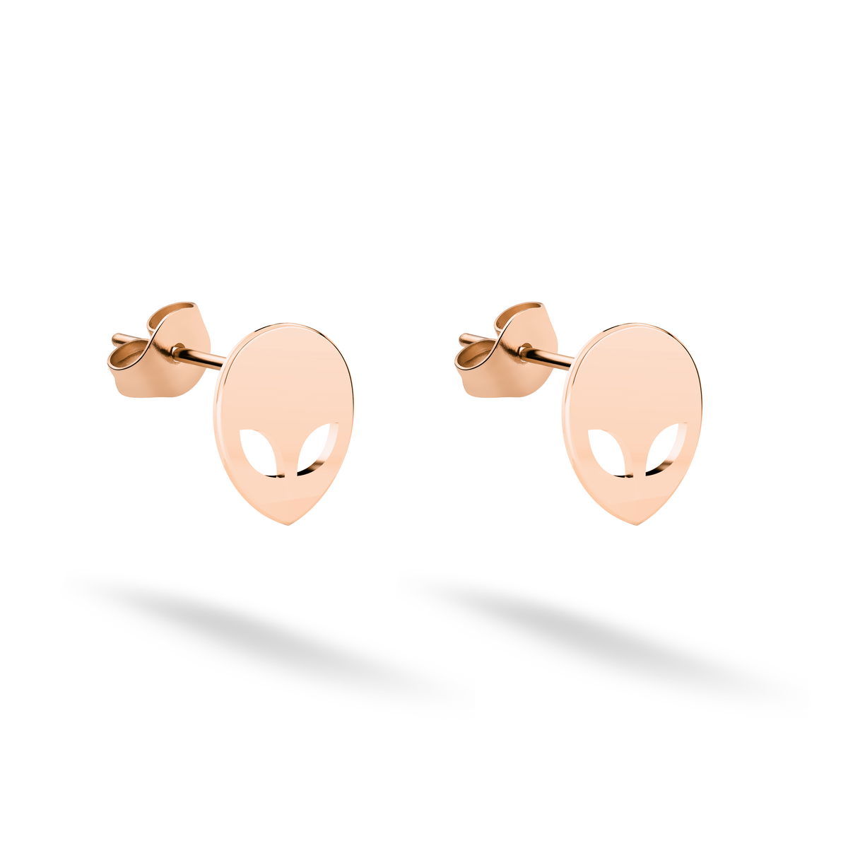 A rosy 14K gold finish brings soft warmth to the quirky alien head pair