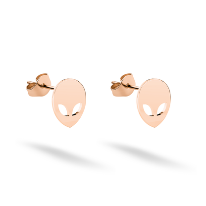 A rosy 14K gold finish brings soft warmth to the quirky alien head pair
