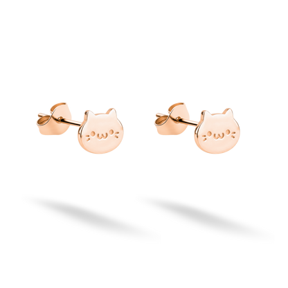 Blush 14K rose gold gives the miniature cat face earrings a soft finish
