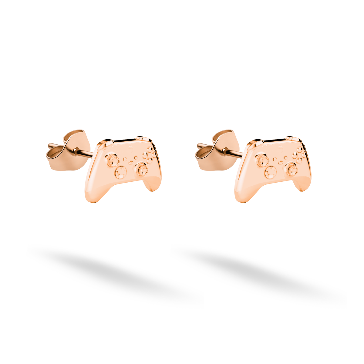 Warm rose gold gamepad studs shown as a matching pair with post backs