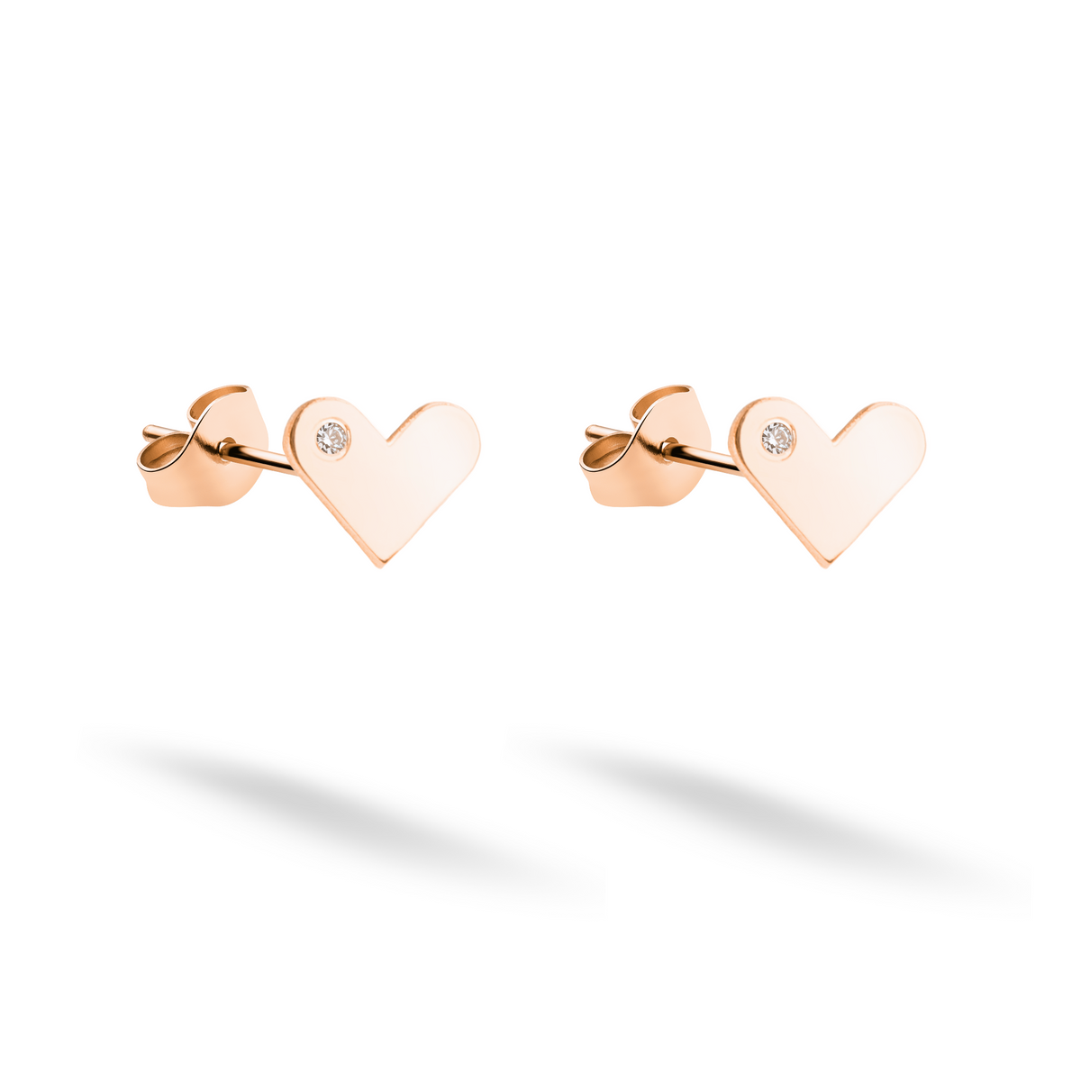 Stone-set open heart earrings shown as a pair in rosy 14K gold