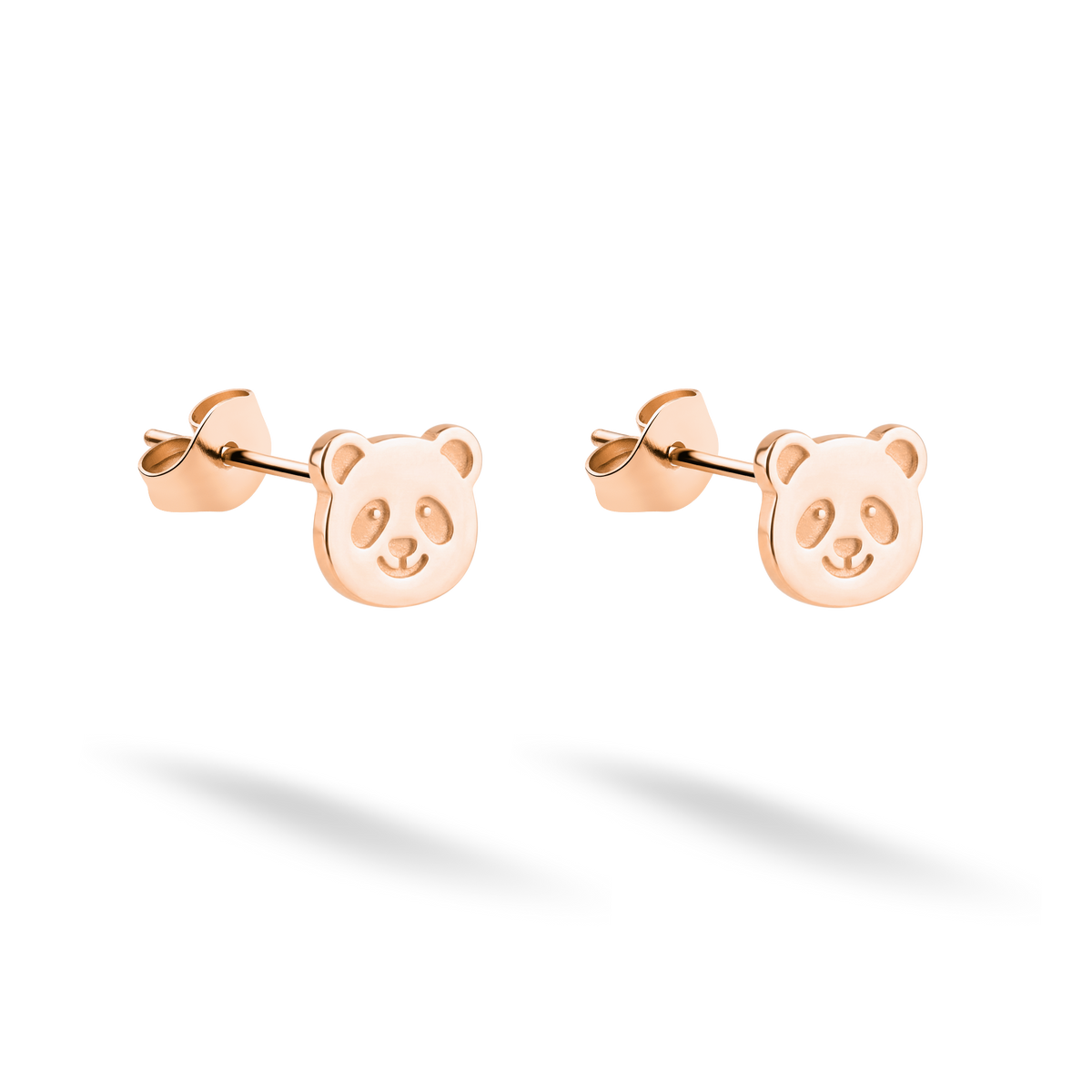 Matching panda earrings crafted in warm 14K rose gold with butterfly backs