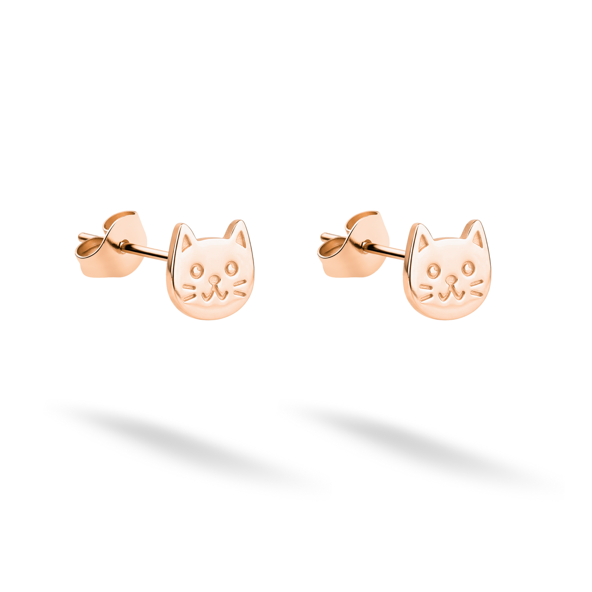 Soft pink 14K rose gold highlights the ears and eyes of the sweet cat studs