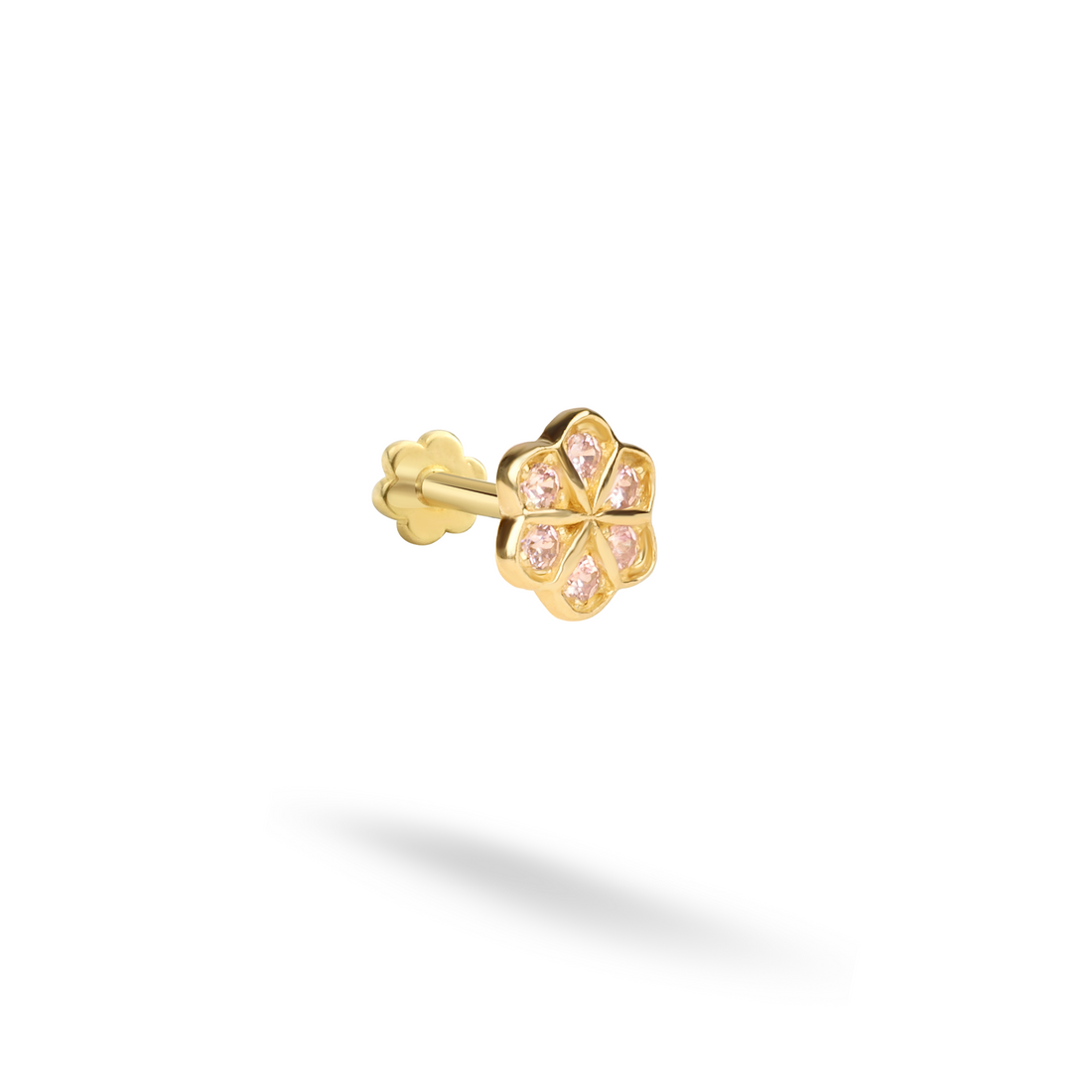 14K Gold Flatback Ear Piercing with Pink Flower and CZ Stone