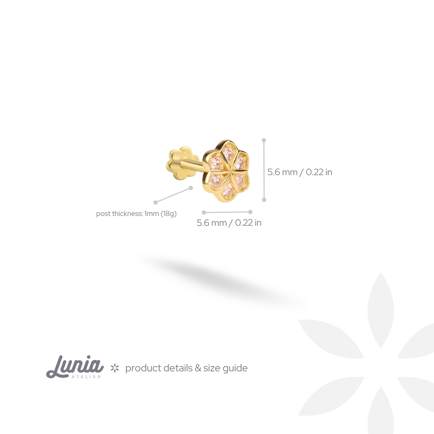 14K Gold Flatback Ear Piercing with Pink Flower and CZ Stone