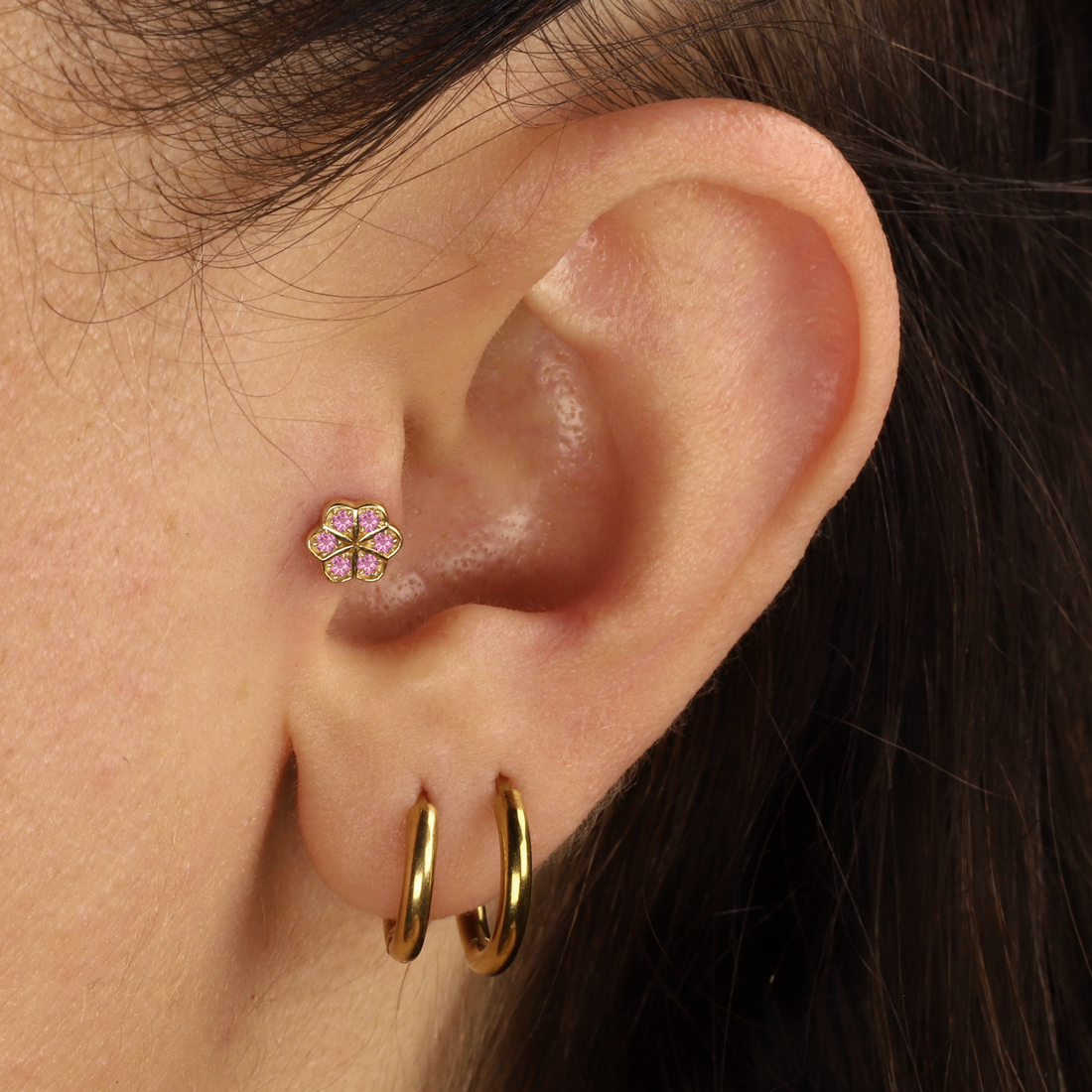 14K Gold Flatback Ear Piercing with Pink Flower and CZ Stone
