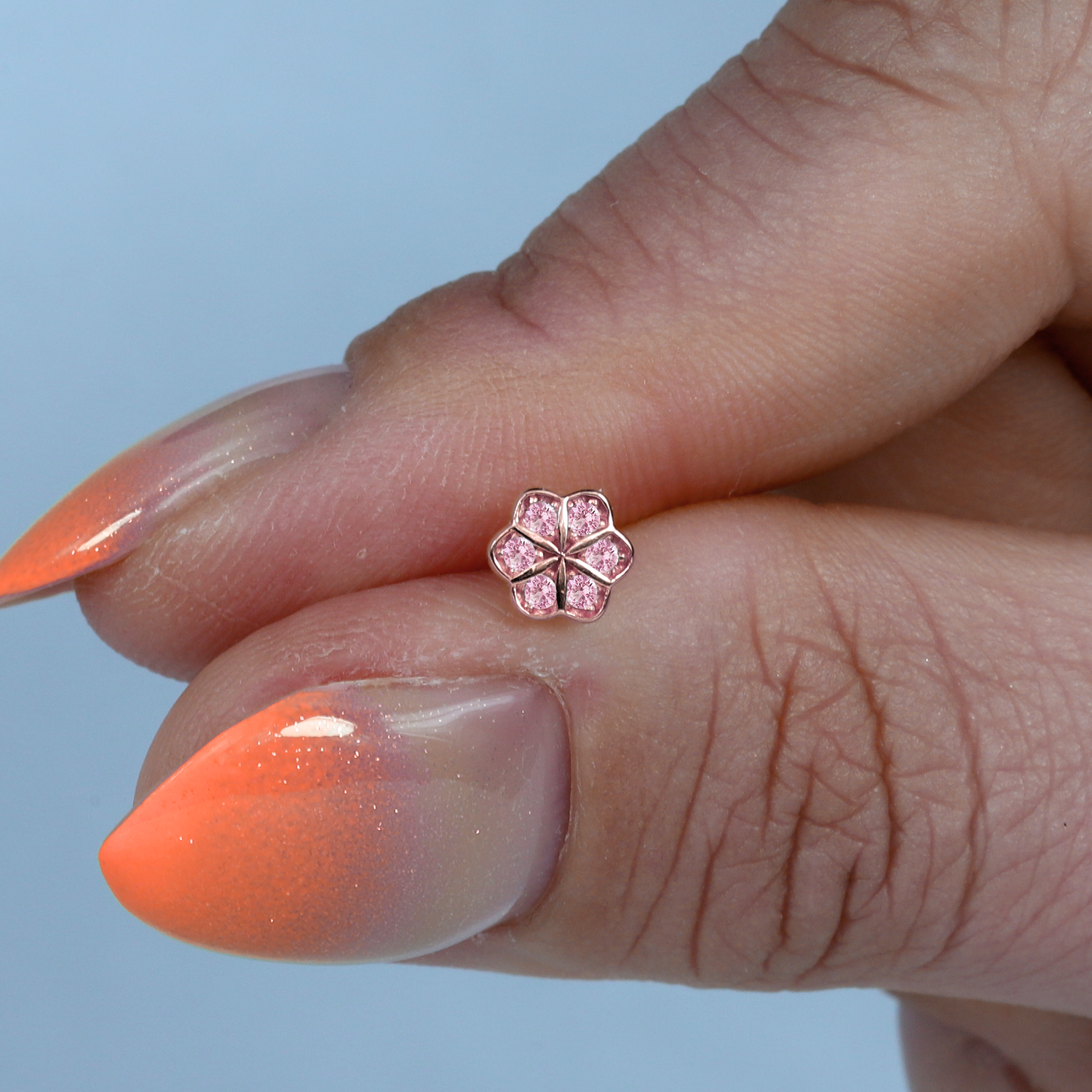 14K Gold Flatback Ear Piercing with Pink Flower and CZ Stone