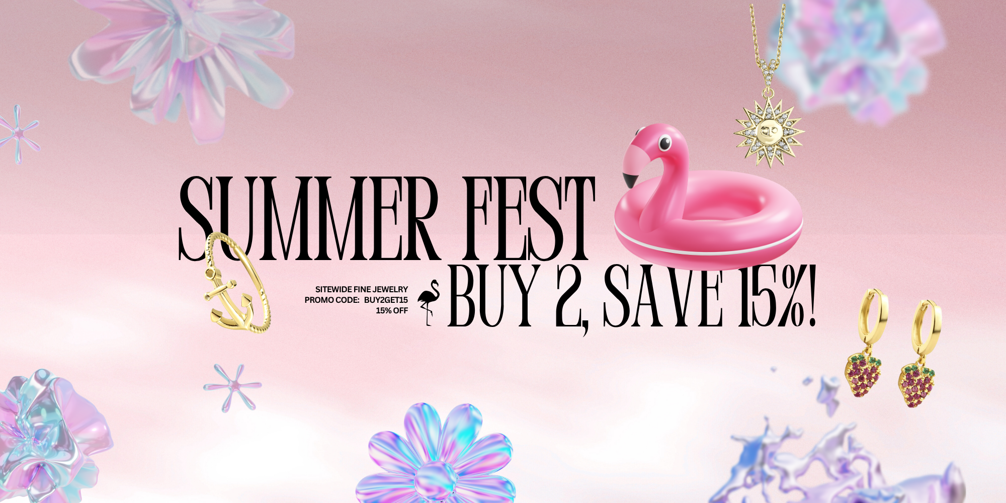 Summer Fest fine jewelry campaign banner with Buy 2 Save 15% offer, featuring gold and diamond jewelry on a sunny background