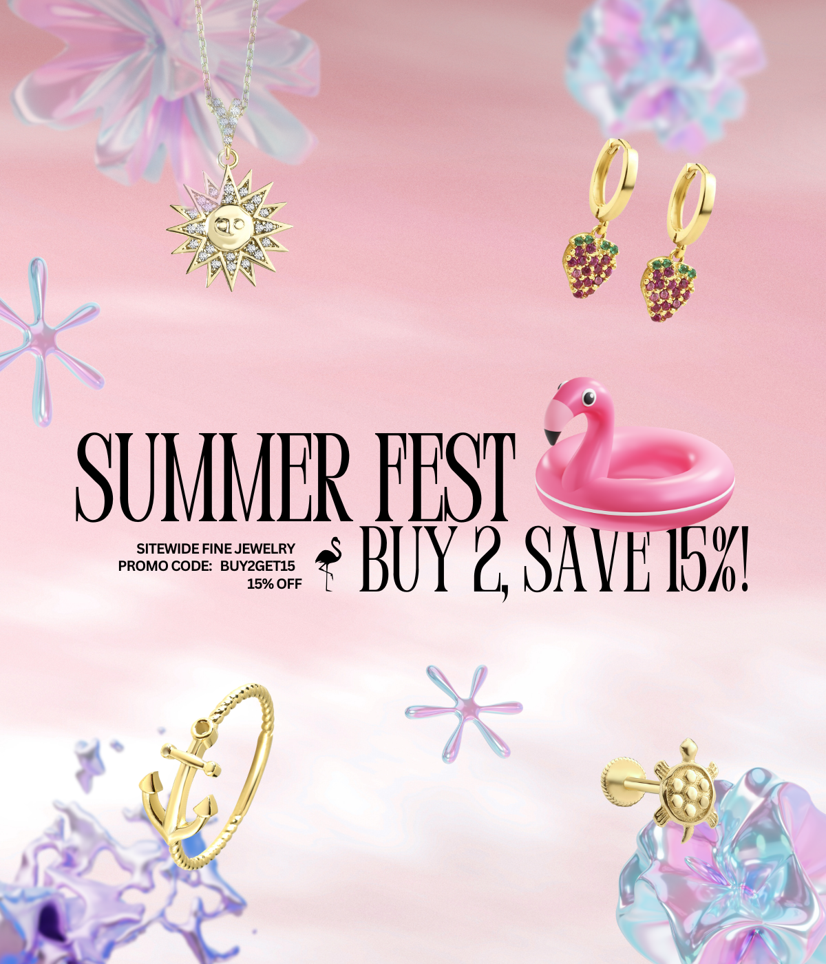 Summer Fest promotion visual showing diamond rings, gold earrings, and discount offer