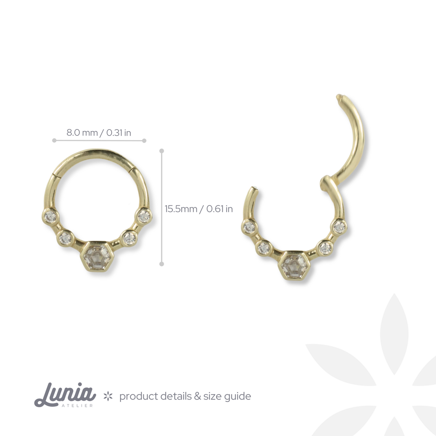 Hexa Clicker Hoop Ear Piercing 14K Gold CZ Stone