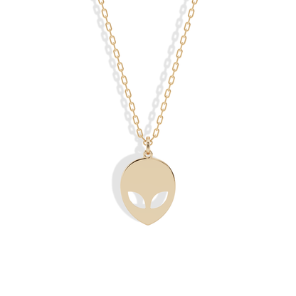 Alien Face Pendant Necklace 14K Gold Silver mens space necklace with detailed UFO inspired design