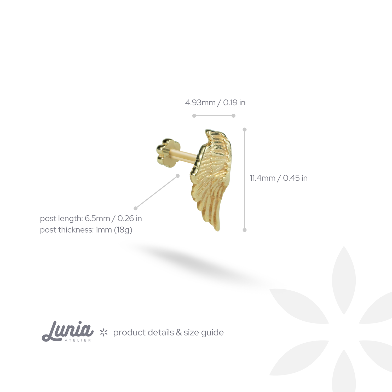 Angel Wing Flatback Ear Piercing 14K Gold