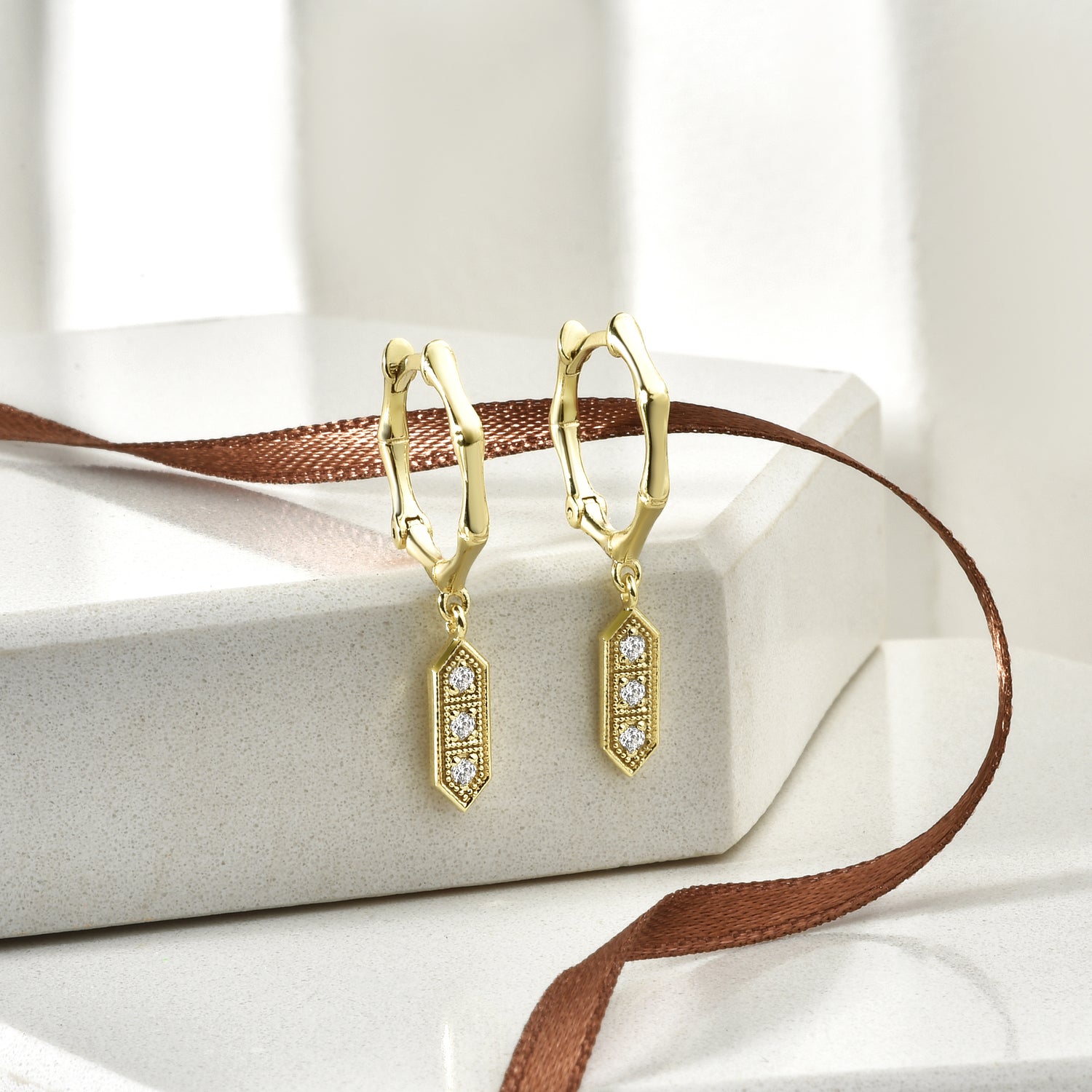Angular Dangle Diamond Hoops Earrings 14K Gold