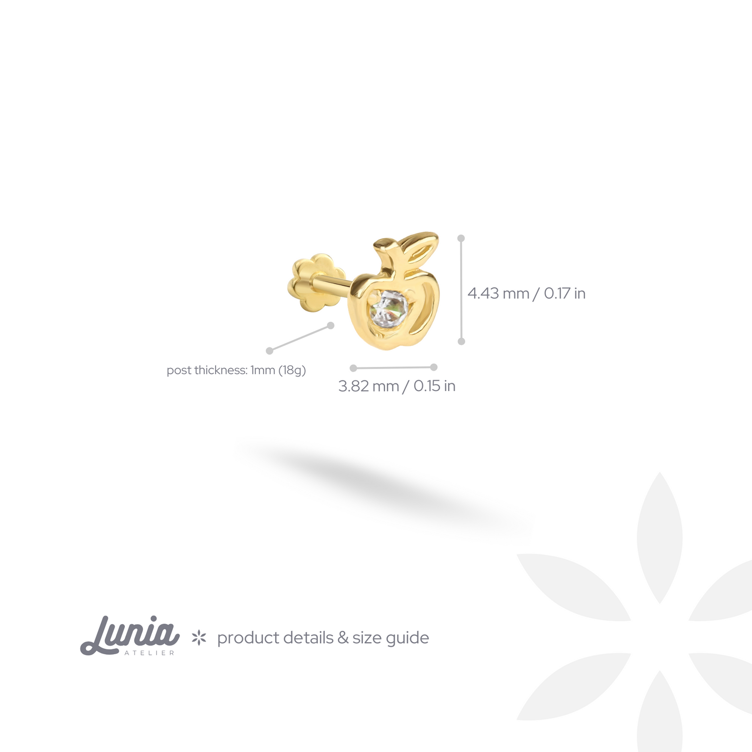 Apple Flatback Ear Piercing 14K Gold with CZ Stone