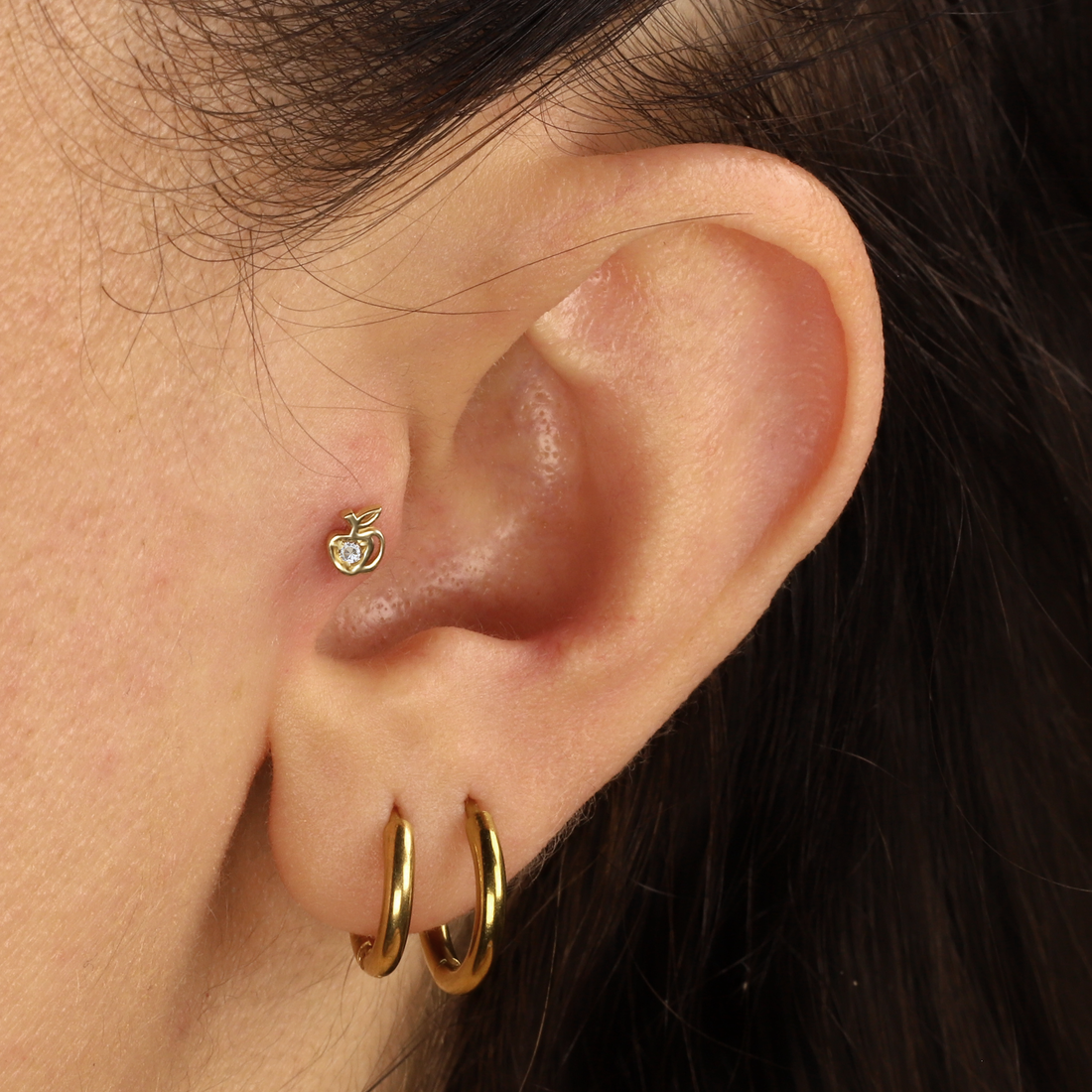 Apple Flatback Ear Piercing 14K Gold with CZ Stone