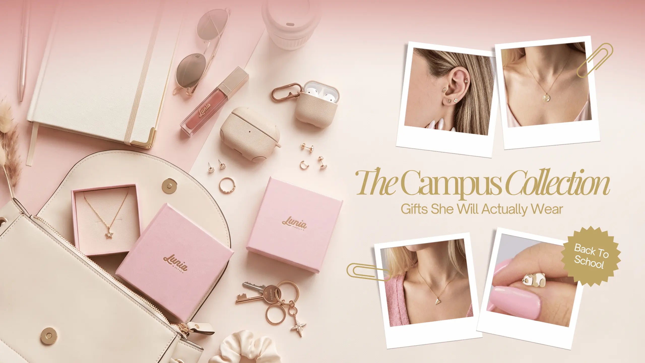 Back to school jewelry gifts from Lunia Atelier, solid 14K gold flatback earrings and a personalized initial necklace styled for everyday campus wear