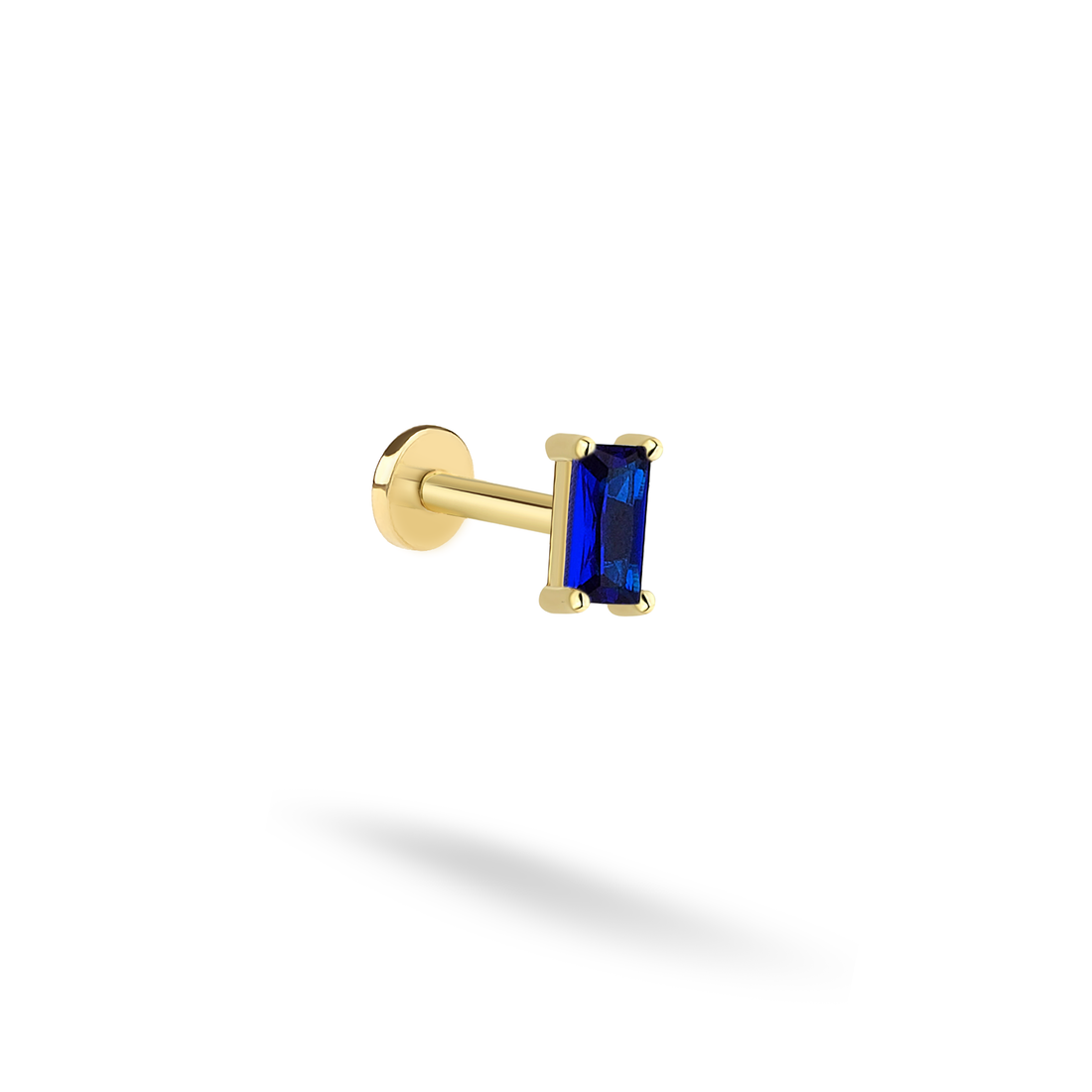 Baguette Blue Flatback Ear Piercing 14K Gold with CZ Stone