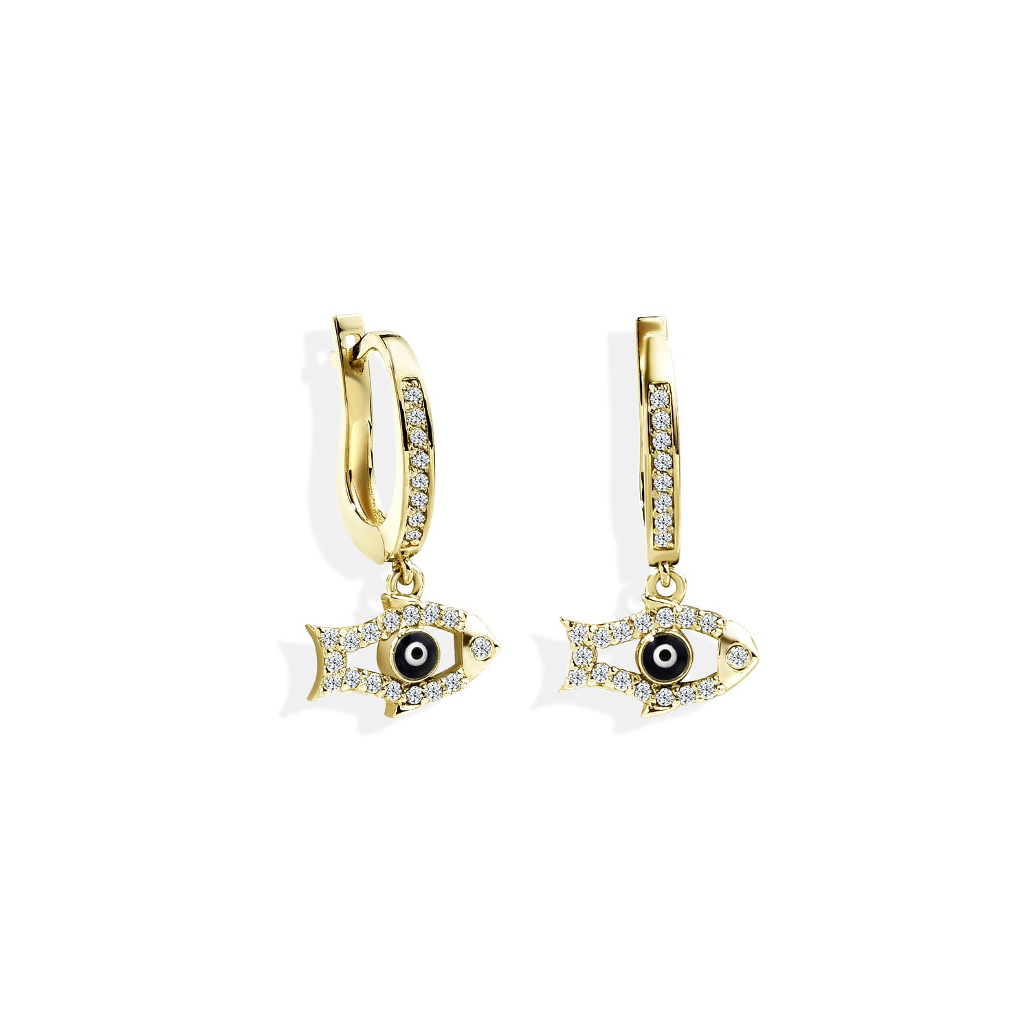 Beaded Fish Dangling Diamond Earrings 14K Gold