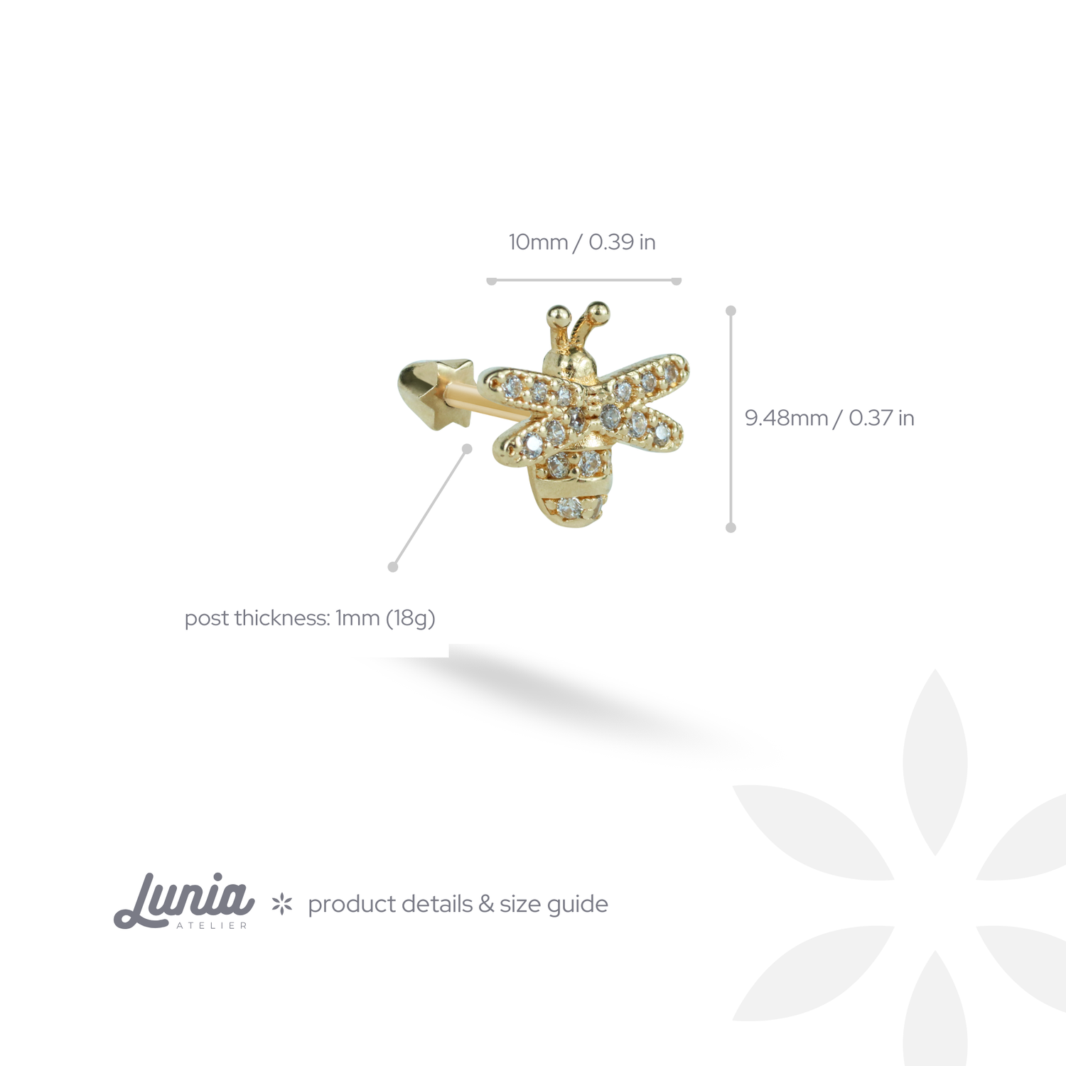 Bee Flatback Ear Piercing 14K Gold with CZ Stone