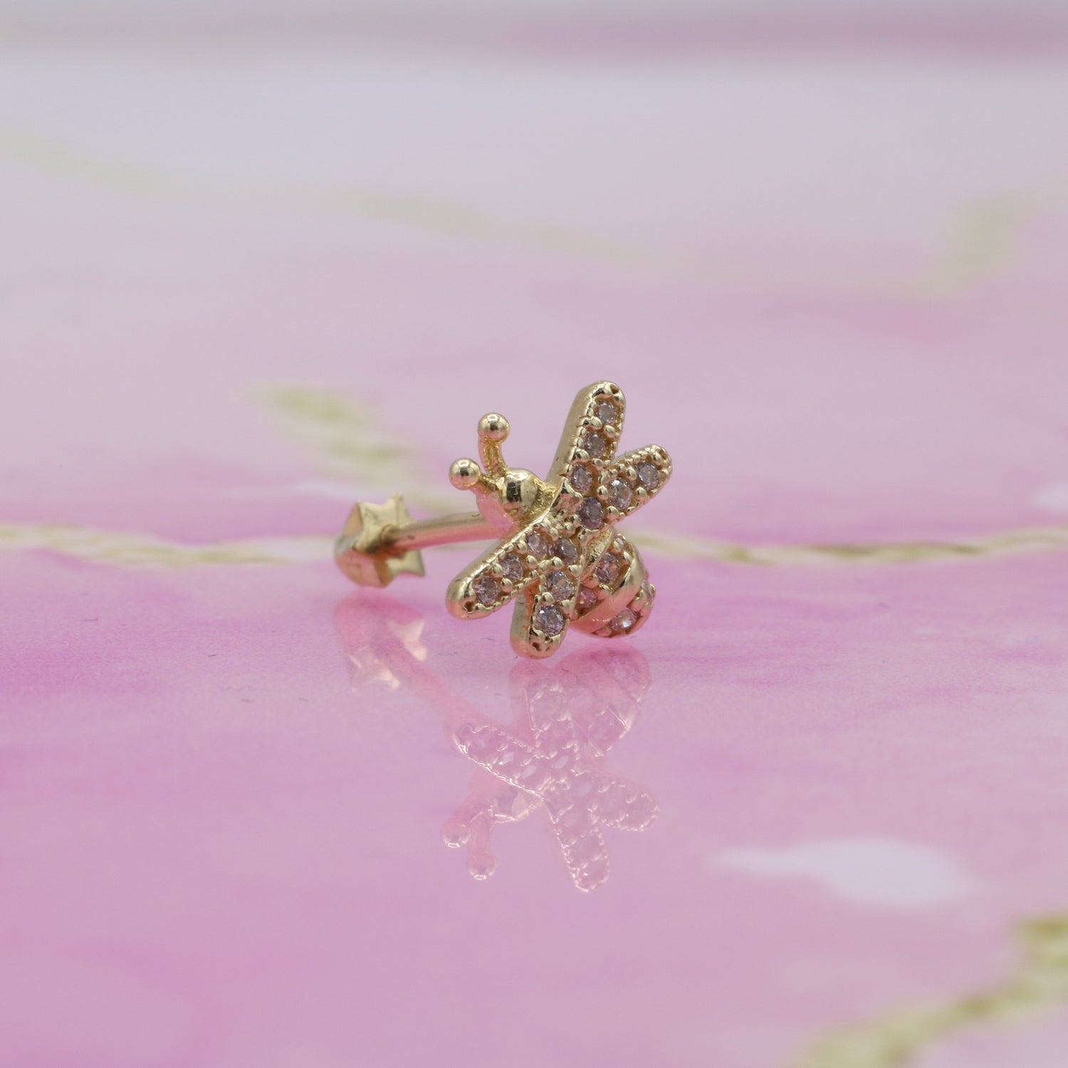 Bee Flatback Ear Piercing 14K Gold with CZ Stone