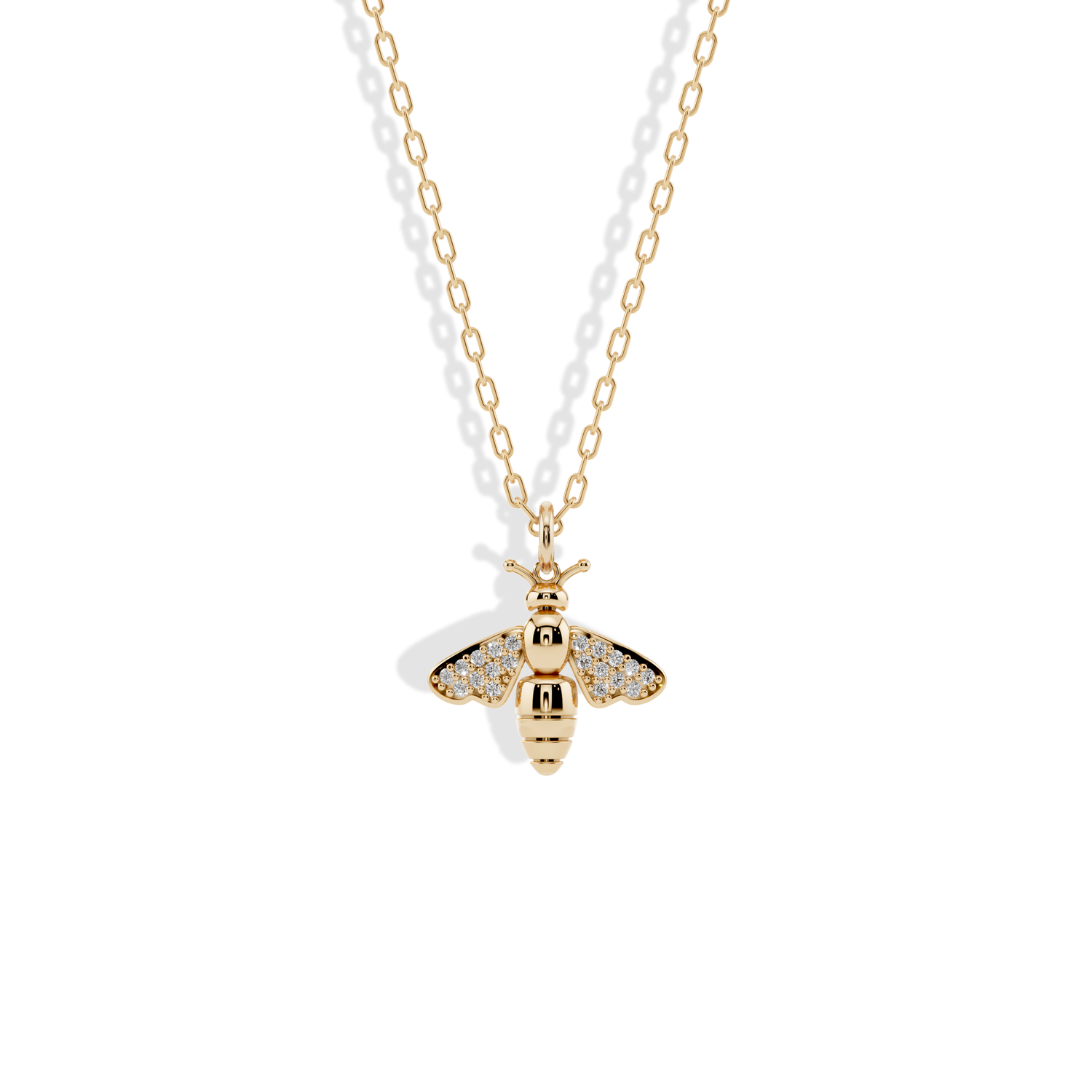 Bee Stone Wing Pendant Necklace 14K Gold / Silver with wing stone detail. Hand crafted honey bee necklace inspired by animals and nature. Elegant everyday jewelry.