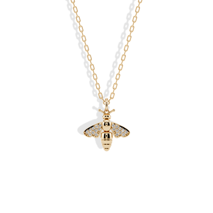 Bee Stone Wing Pendant Necklace 14K Gold / Silver with wing stone detail. Hand crafted honey bee necklace inspired by animals and nature. Elegant everyday jewelry.