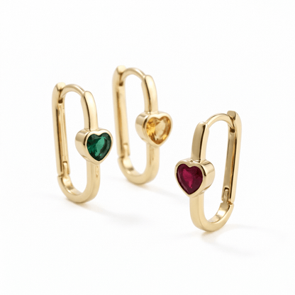 Birthstone Gemstone Custom Rectangle Heart Hoop Earrings 14K Gold / Silver