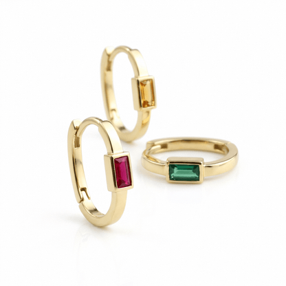 Birthstone Gemstone Custom Rectangular Hoop Earrings 14K Gold / Silver