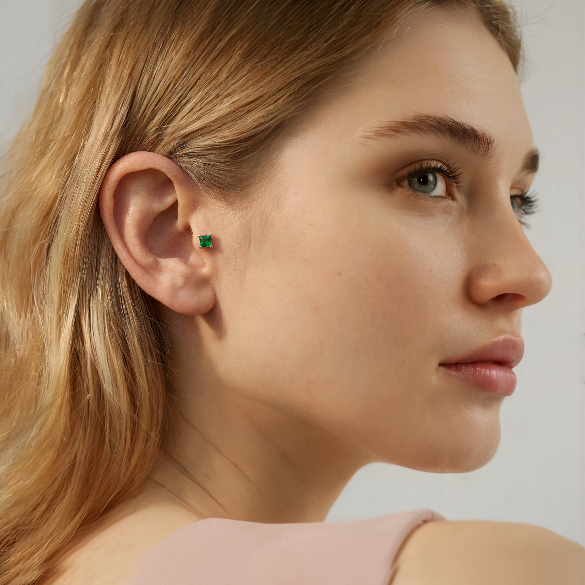 Birthstone Gemstone Custom Square Flatback Ear Piercing 14K Gold